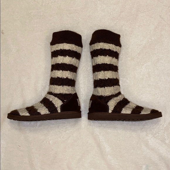 UGG Brown and White Striped Knitted Boots - Picture 6 of 11